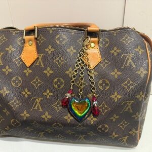 Homemade Brass Bag Charm, made with vintage jewelry finds. Charm only.